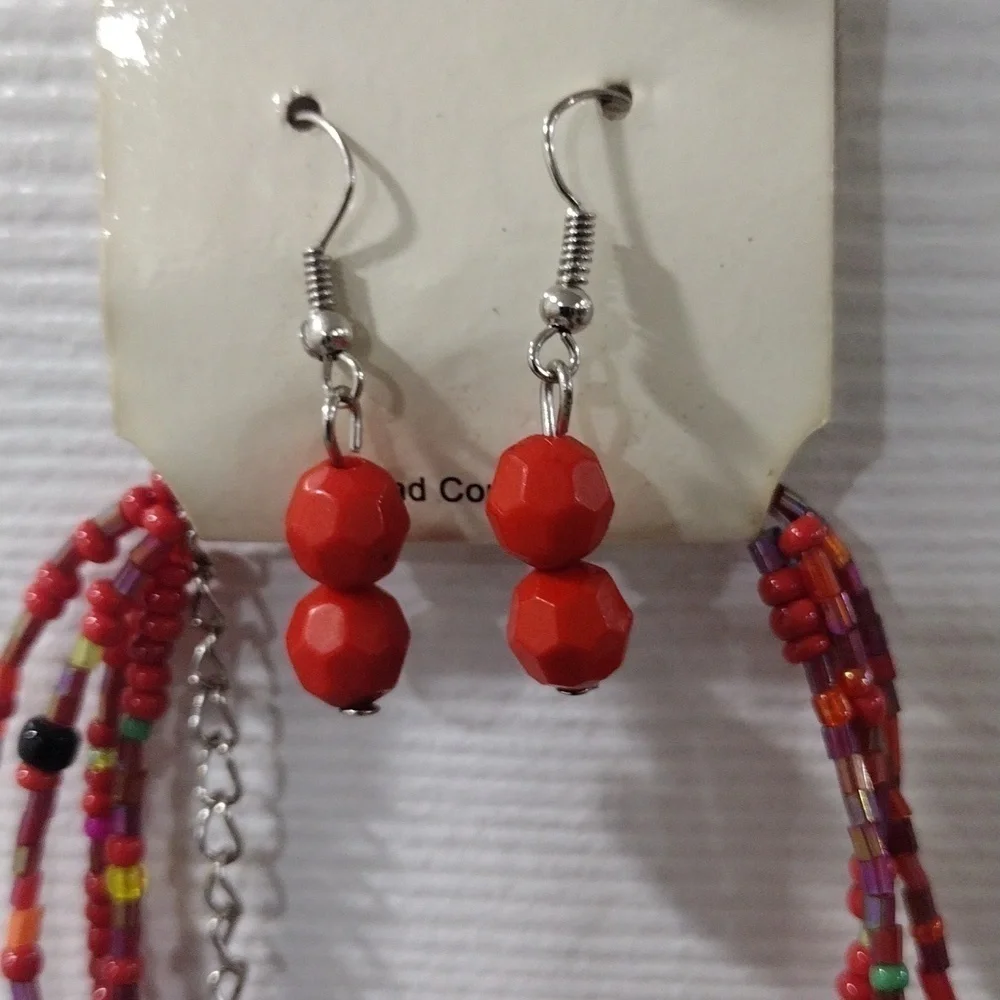 Women's Red Colorful Various Beads Sizes Layered Necklace w/ Matching Earrings